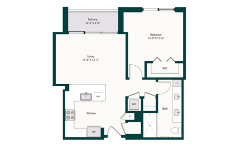 Floor plan for 1 bed, 1 bath, 798 sqft